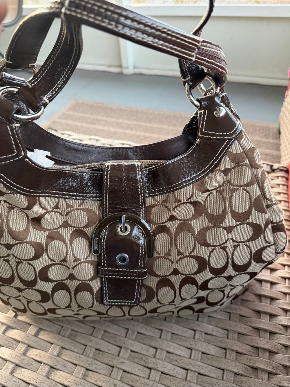 Coach Khaki and Chalk Signature Canvas Satchel with Brown Leather Trim - Picture 2 of 5